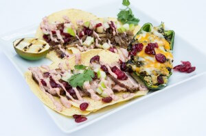 Cranberry, Kale and Quinoa Stuffed Poblano and Duck Tacos that won the Cranberry Marketing Committee/Flik Recipe Contest